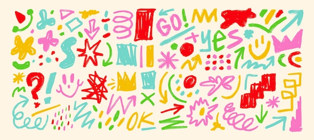 Grunge orgánico dibujado a mano, formas en negrita, líneas curvas y puntos, conjunto vectorial, conjunto geométrico en Memphis.