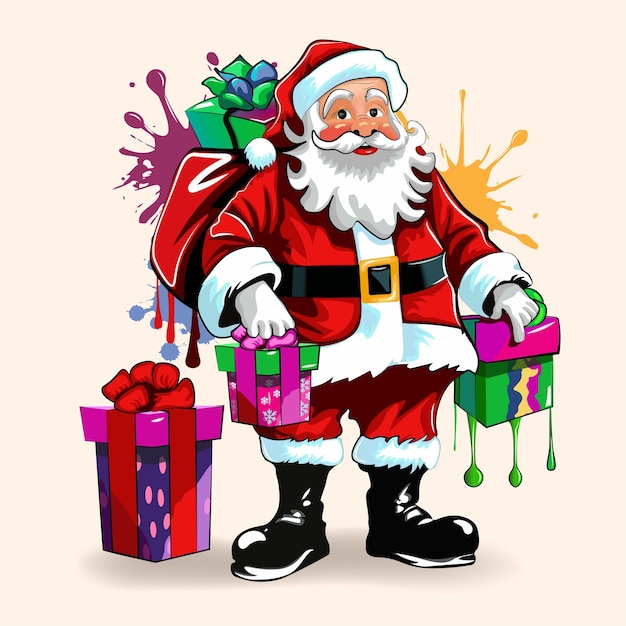 Grunge Santa Claus da regalos de Navidad en el estilo de arte callejero colores brillantes vector moderno dibujado a mano