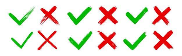 Grunge sucio dibujado a mano con pinceladas cruzando X y marcando OK marcas de comprobación V conjunto de ilustraciones vectoriales
