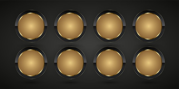 Grupo de 8 elementos de acero oscuro y dorado. Botones metálicos brillantes realistas de lujo y ocho círculos dorados.