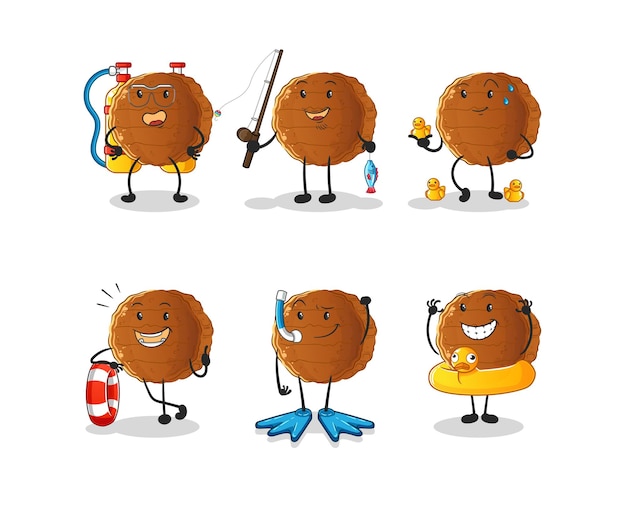 Grupo de actividad de agua de carne de hamburguesa. vector de mascota de dibujos animados