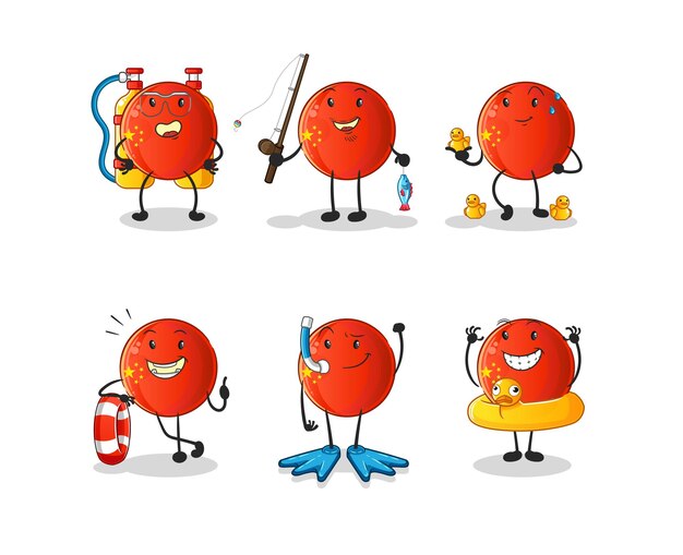 Grupo de actividad de agua de insignia china. vector de mascota de dibujos animados