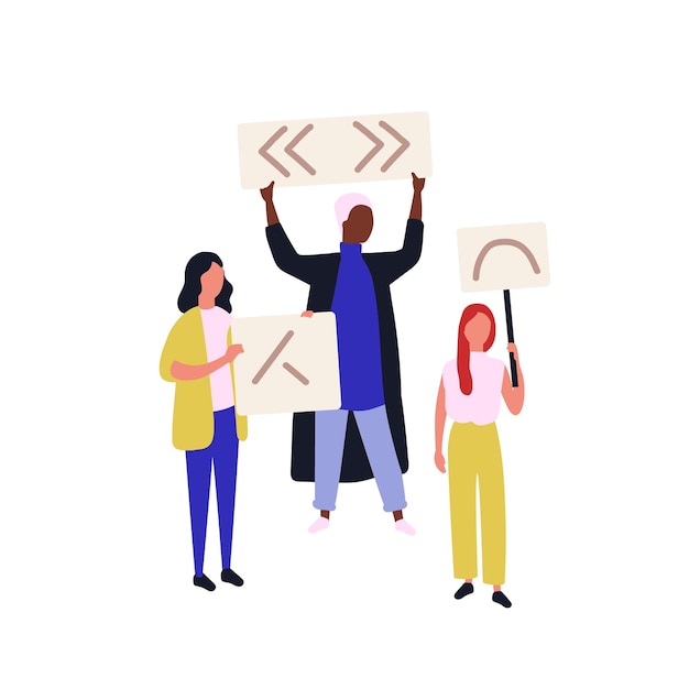 Grupo de activistas políticos o manifestantes sosteniendo pancartas o pancartas. Personas que participan en reuniones de protesta social, manifestaciones, piquetes, concentraciones o marchas. Ilustración de vector de dibujos animados plana.