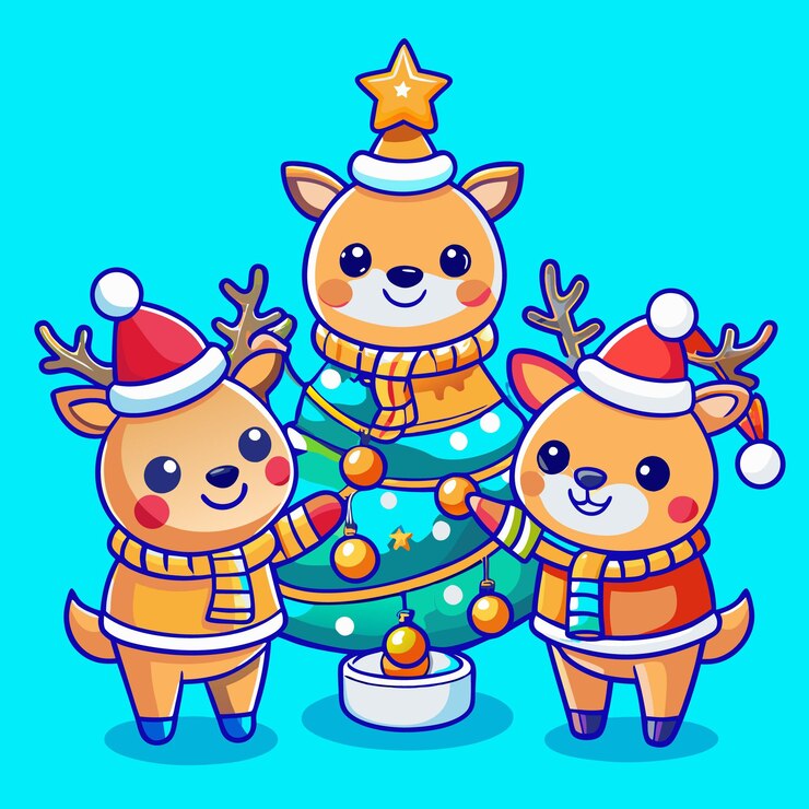 Vector un grupo de adorables renos de dibujos animados todos con pañuelos festivos