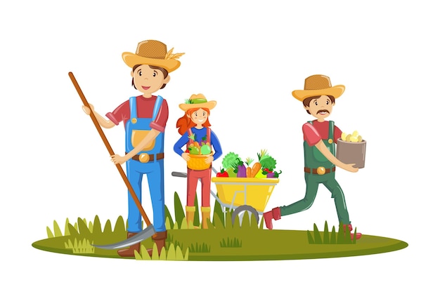 Grupo de agricultores, personajes de trabajo agrícola. Jardinero agrícola, agrónomo.
