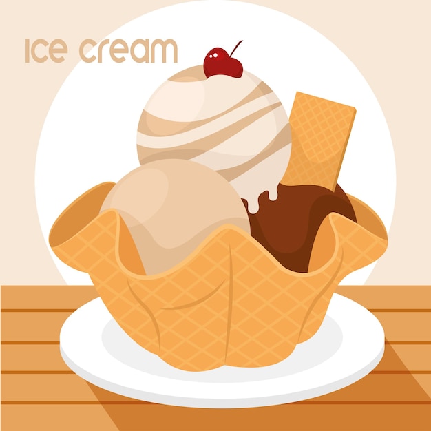 Grupo aislado de bolas de helado en un icono de dibujo de galleta ilustración vectorial