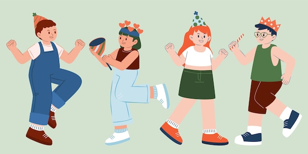 Grupo de alegres adolescentes mujeres y hombres en personaje de dibujos animados