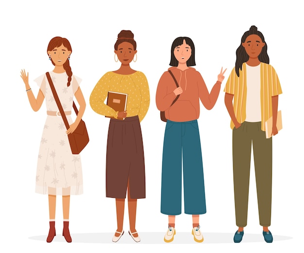 Grupo de alumnas multiculturales ilustración vectorial plana Niñas sosteniendo libros y mochilas con ropa informal