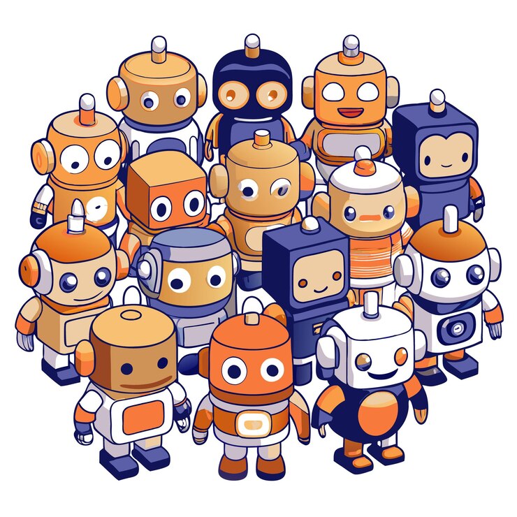 Vector un grupo de amigables robots de dibujos animados con diferentes diseños todos sonriendo y pareciendo felices