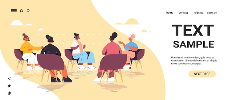 Vector grupo de amigas de raza mixta discutiendo durante la reunión en el club de mujeres chicas apoyándose mutuamente unión de feministas concepto horizontal copia espacio ilustración vectorial