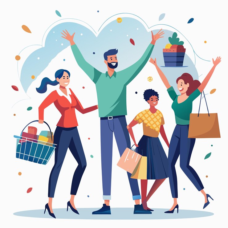 Vector grupo de amigos celebrando con bolsas de compras feliz día de compras