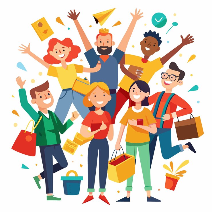 Vector grupo de amigos celebrando con bolsas de compras feliz día de compras