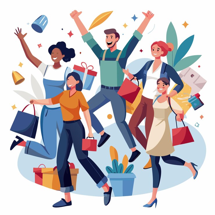 Vector grupo de amigos celebrando con bolsas de compras feliz día de compras