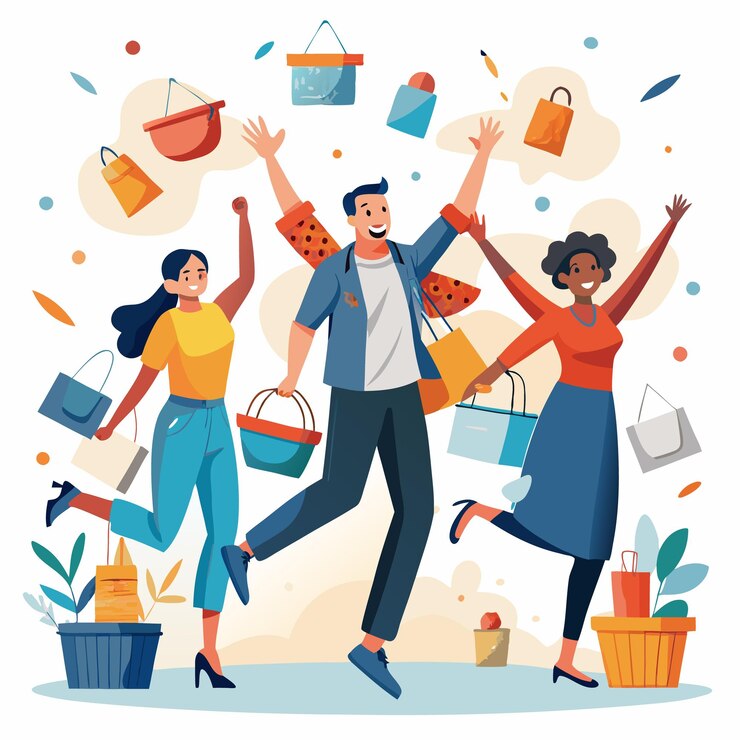 Vector grupo de amigos celebrando con bolsas de compras feliz día de compras