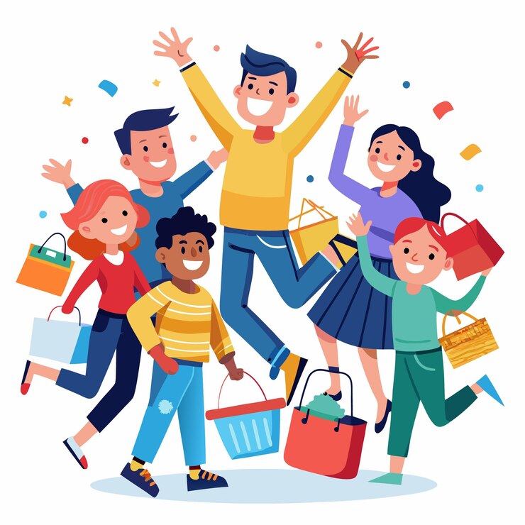 Vector grupo de amigos celebrando con bolsas de compras feliz día de compras