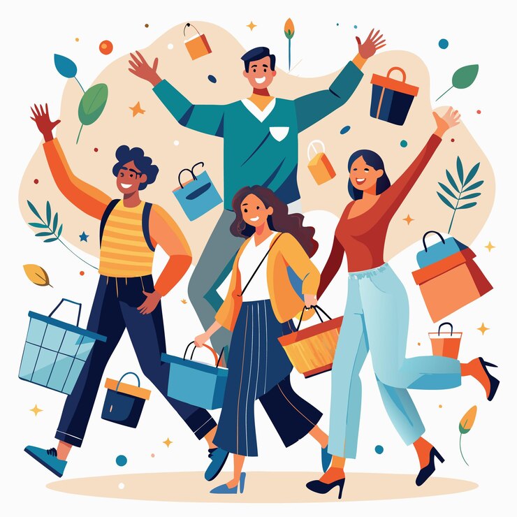 Vector grupo de amigos celebrando con bolsas de compras feliz día de compras