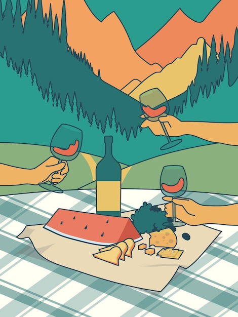 un grupo de amigos descansando en un picnic bebiendo vino y comiendo bocadillos de pan de frutas de queso