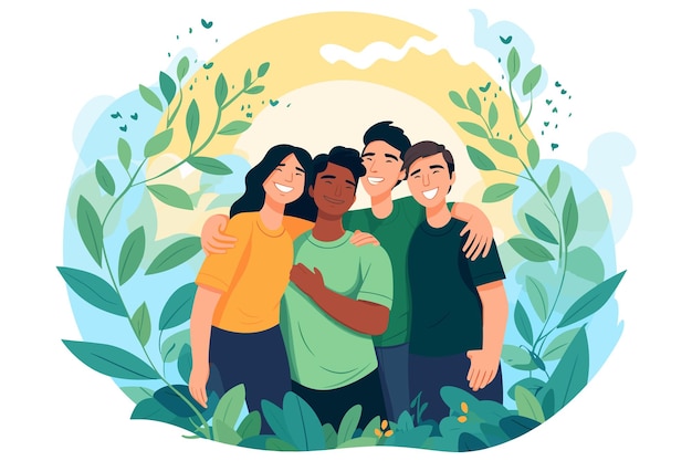 Vector grupo de amigos disfrutando en el bosque ilustración día de la amistad estandarte feliz día de la amistad ilustración