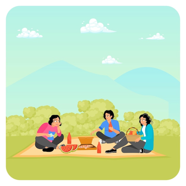 Un grupo de amigos disfrutando de un picnic en el campo de hierba con comida y bebidas en un día soleado