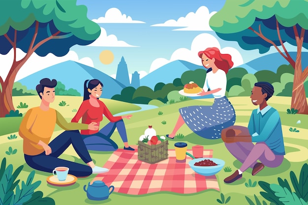 Vector un grupo de amigos disfrutando de un picnic en el parque compartiendo comida y risas en una tarde soleada