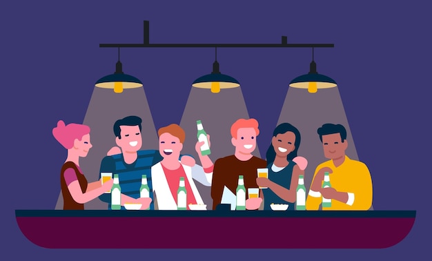 Grupo de amigos felices relajándose juntos Gente bebiendo bebidas alcohólicas en el mostrador del bar Hombres y mujeres con botellas de cerveza o vasos de pinta Ocio de fin de semana Club nocturno Concepto vectorial