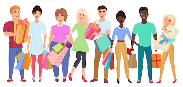 Grupo de amigos jóvenes con compras y regalos
