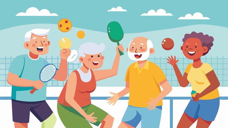 Vector un grupo de amigos jubilados participan en un juego amistoso de pickleball al aire libre riendo y