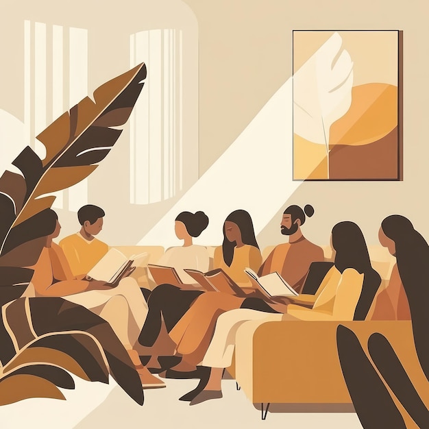 Un grupo de amigos leyendo juntos en un cómodo sofá