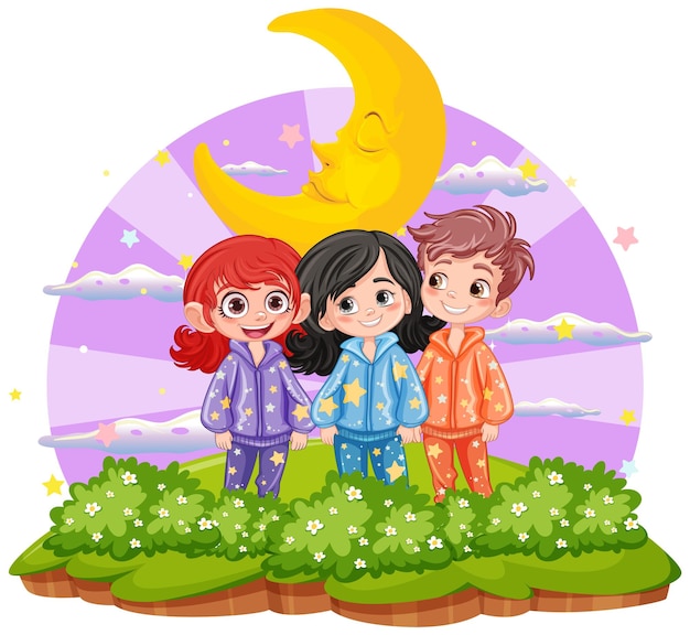 Grupo de amigos con pijama en el jardín aislado