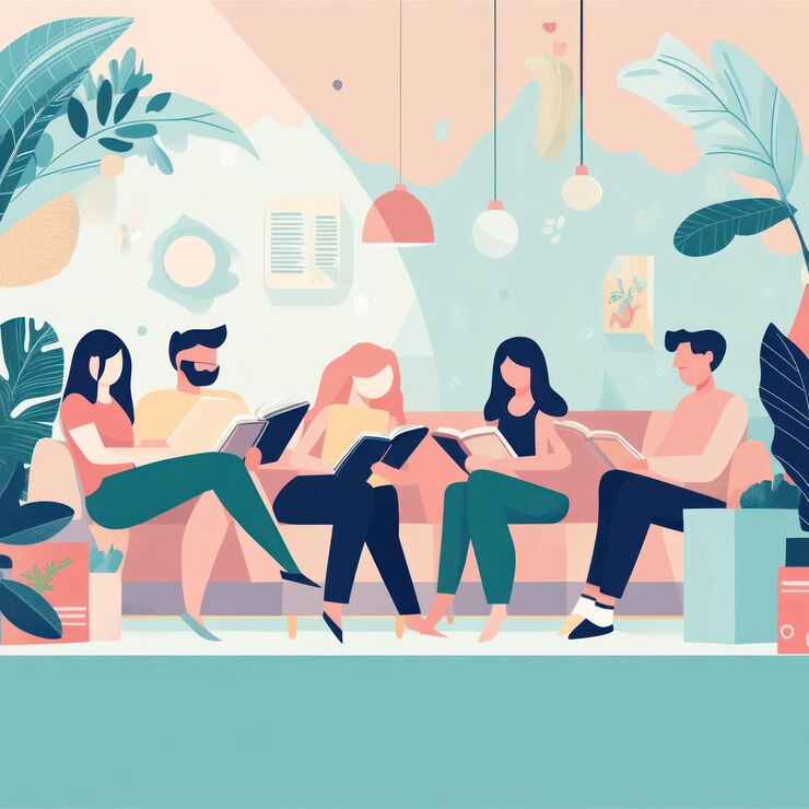 Grupo de amigos relajándose en el sofá y leyendo libros