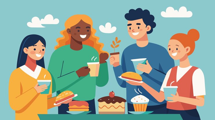Vector un grupo de amigos reunidos en la venta de pasteles hablando de café y rebanadas de pastel mientras