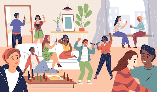 Grupo de amigos tiempo de fiesta en casa gente joven feliz celebración en casa alcohol bebiendo karaoke y bailando jóvenes lugar de reunión hombres y mujeres adultos empresa divertida vector moderno estilo de dibujos animados concepto