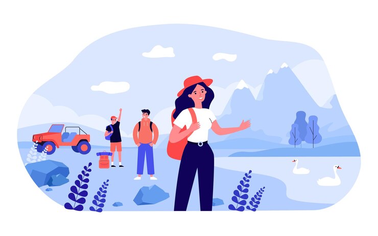 Vector grupo de amigos en viaje de senderismo en las montañas. mochilero feliz cerca del lago con cisnes ilustración vectorial plana. camping, actividad al aire libre, concepto de vacaciones para banner, diseño de sitio web o página de destino