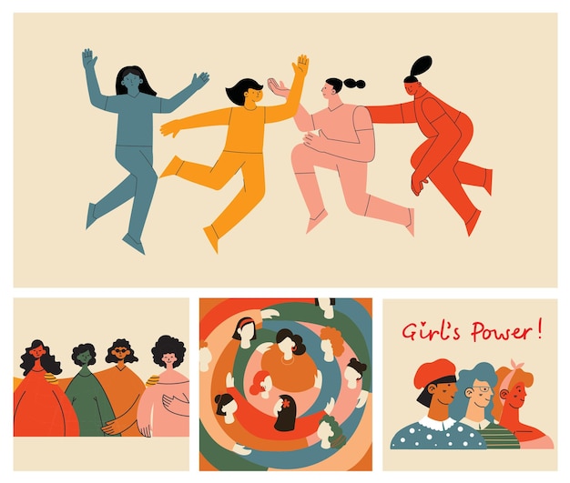 Grupo de amistad de mujeres diverso equipo femenino de pie juntos cogidos de la mano niñas poder multinacional hermandad comunidad vector ilustración grupo de amistad hembras personas diversidad