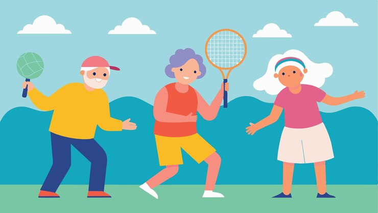 Vector un grupo de ancianos jugando al tenis juntos con un título que indica actividad física regular como