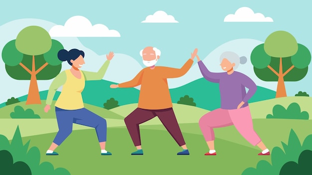 Vector un grupo de ancianos que participan en una clase de tai chi en el parque moviéndose lenta y cuidadosamente en