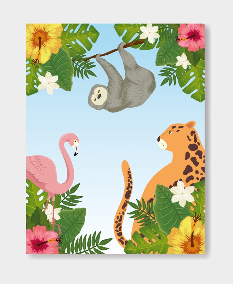 Vector grupo de animales exóticos con flores y hojas.