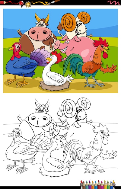 grupo de animales de granja, caricatura, libro colorear, página