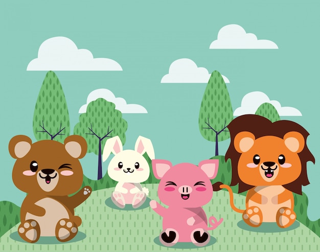 Grupo de animales lindos en escena del paisaje
