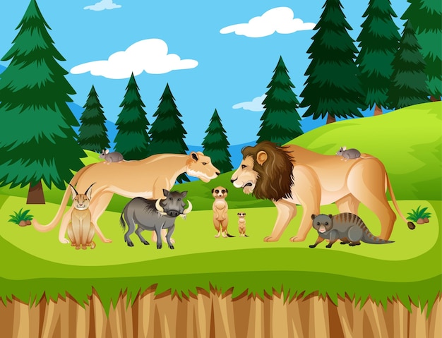 Grupo de animales salvajes africanos en la escena del bosque.