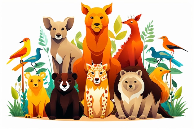 Vector grupo de animales salvajes en blanco