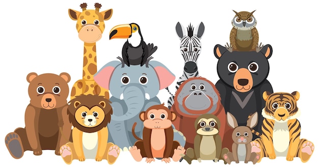  Grupo de animales del zoológico en estilo de dibujos animados planos