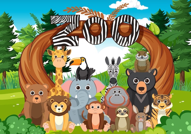 Grupo de animales del zoológico en estilo de dibujos animados planos