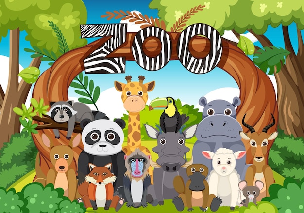 Grupo de animales del zoológico en estilo de dibujos animados planos