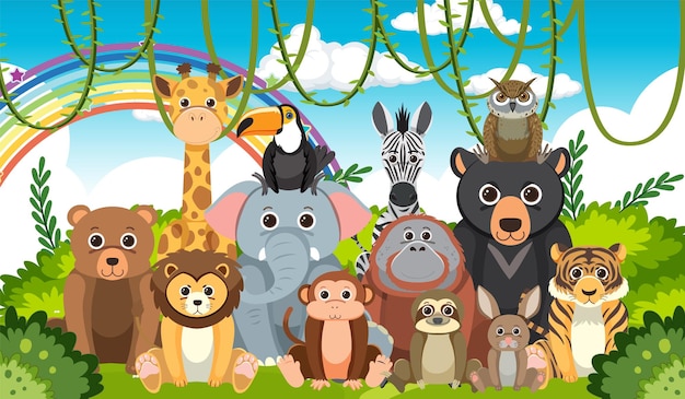 Grupo de animales del zoológico en estilo de dibujos animados planos