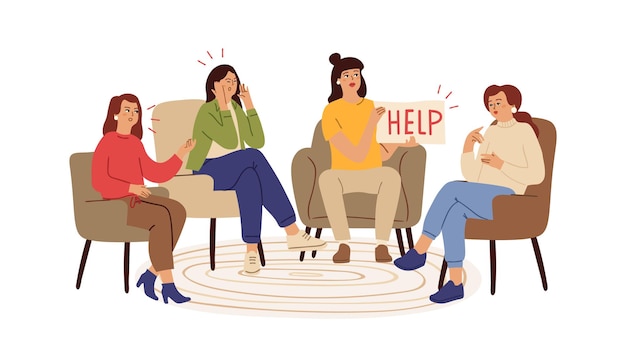 Vector grupo de apoyo depresión apoya la terapia con psicoterapeuta red de ayuda problemas femeninos y mujer cansada necesita ayuda vector concepto