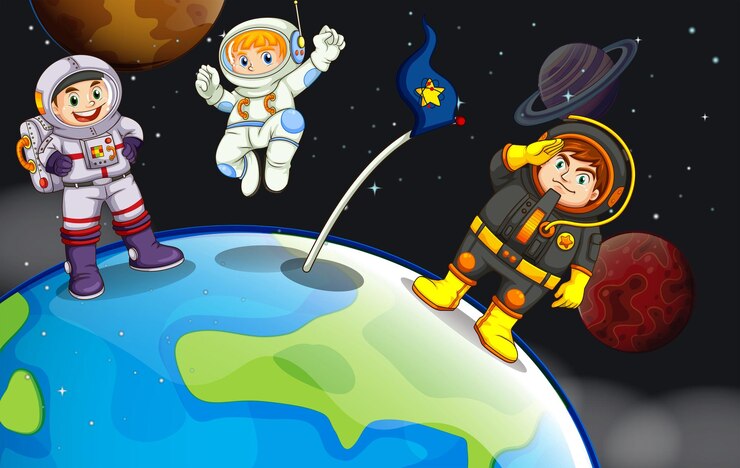 Vector un grupo de astronautas en el espacio exterior.