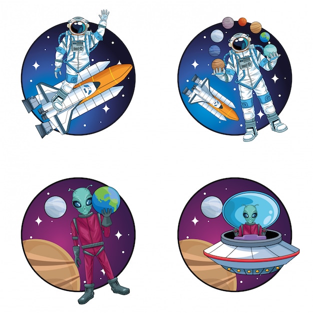 Grupo de astronautas y extraterrestres en la ilustración de personajes del espacio