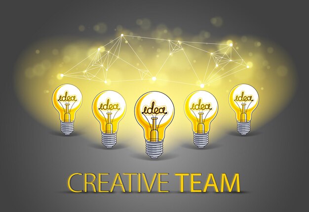 El grupo de bombillas brillantes representa la idea del trabajo en equipo de personas creativas que tienen ideas trabajando juntas, concepto de equipo creativo, ilustración vectorial.