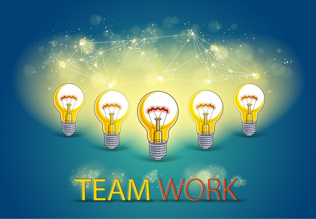 El grupo de bombillas brillantes representa la idea del trabajo en equipo de personas creativas que tienen ideas trabajando juntas, concepto de equipo creativo, ilustración vectorial.